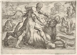 هرقل وأخيلوس: في المركز ، يمسك هرقل قرون الثور أثناء الضغط على رجليه ، 1608. بواسطة انطونيو تمبيستا