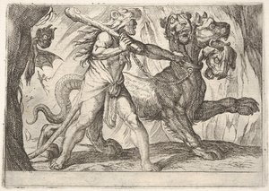هرقل وسيربيروس: يمسك هرقل طوق سيربيروس ، يظهر شيطانان على اليسار ... ، 1608.