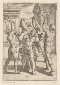 ضرب ثلاثة قديسين مع ربط ظهورهم معًا تعذيب شهداء المسيحيين (عنوان المسلسل) Varia tormentorum et supplicioru crudelium (...] (عنوان السلسلة) بواسطة انطونيو تمبيستا