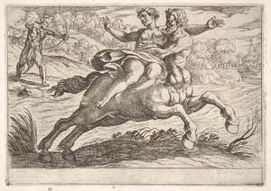 Nessus يحاول أخذ Dejanira من هرقل: Nessus يقيد Dejanira على ظهره عندما ... ، 1608. بواسطة انطونيو تمبيستا