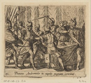Phineus verstoort de wedding of Perseus en Andromeda Phineus تستفز أندروميدا للقتال في حفل زفافها (العنوان على وجوه) Metamorphoseon أو التحويلات (عنوان السلسلة) ميتامورفوسين فان أوفيديوس (عنوان المسلسل) بواسطة انطونيو تمبيستا