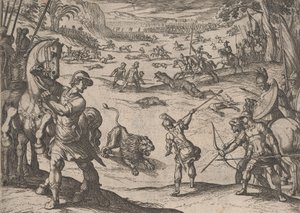 اللوحة 11: صيد أسد الإسكندر ، من أعمال الإسكندر الأكبر ، 1608. بواسطة انطونيو تمبيستا