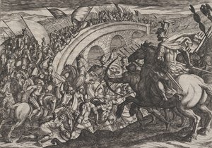 اللوحة 11: عبور القوات المدنية لنهر ماس ، من حرب الرومان ضد ... ، 1611. بواسطة انطونيو تمبيستا