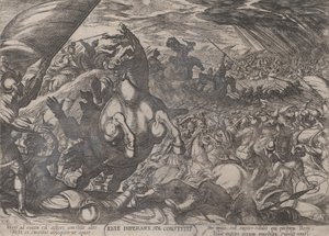 اللوحة 11: جوشوا يأمر الشمس بالوقوف ساكنة ، من 'The Battles of the Ol ...، ca. 1590-كاليفورنيا. 1610. بواسطة انطونيو تمبيستا