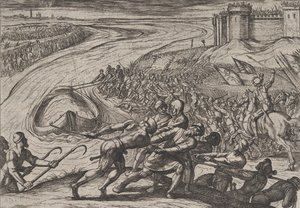 اللوحة 12: سحب سفينة محملة بالحبوب إلى الشاطئ ، من حرب الرومان ضد ... ، 1611. بواسطة انطونيو تمبيستا
