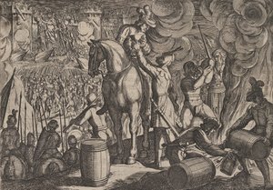 اللوحة 13: الهجوم على القلعة الرومانية ليلاً ، من حرب الرومان ضد با ... ، 1611. بواسطة انطونيو تمبيستا