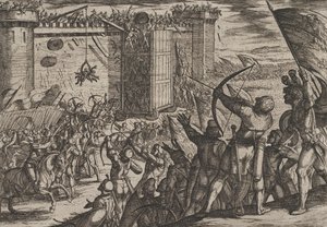 اللوحة 14: هجوم جديد على القلعة القديمة ، من حرب الرومان ضد الباتفيين ... ، 1611. بواسطة انطونيو تمبيستا