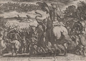 اللوحة 16: ديفيد قتل جليات ، من "معارك العهد القديم" ، كاليفورنيا ... 1590-كاليفورنيا. 1610. بواسطة انطونيو تمبيستا