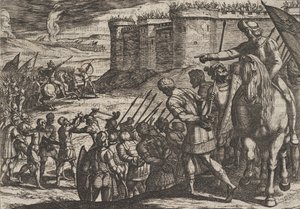 اللوحة 16: الأسرى الرومان قبل القلعة القديمة ، من حرب الرومان ضد القرن السادس عشر ... ، 1611. بواسطة انطونيو تمبيستا