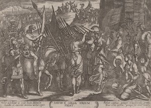 اللوحة 17: عودة داود منتصرًا برأس جالوت ، من كتاب The Batt ... ، كاليفورنيا. 1590-كاليفورنيا. 1610. بواسطة انطونيو تمبيستا