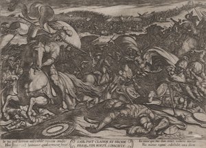 اللوحة 18: انتحار شاول بعد هزيمته على يد الفلسطينيين ، من The Battl ...، ca. 1590-كاليفورنيا. 1610. بواسطة انطونيو تمبيستا