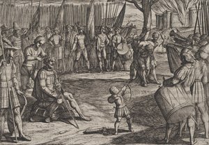 اللوحة 20: سيفيليس يقص شعره ، من حرب الرومان ضد باتافيانز ر ... ، 1611. بواسطة انطونيو تمبيستا