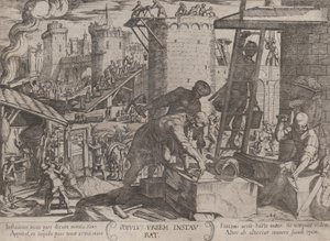 اللوحة 24: الإسرائيليون يعيدون بناء أسوار القدس ، من كتاب The Battles ...، ca. 1590-كاليفورنيا. 1610. بواسطة انطونيو تمبيستا