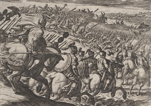 اللوحة 25: هجوم القائد الروماني سيرياليس بالقرب من ترير ، من حرب الرومان أجاي ... ، 1611. بواسطة انطونيو تمبيستا
