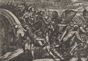 اللوحة 27: الهولنديون أثناء هجوم مفاجئ على المعسكر الروماني على نهر موزيل ، من The Wa ... ، 1611. بواسطة انطونيو تمبيستا