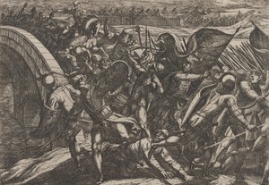اللوحة 27: الهولنديون أثناء هجوم مفاجئ على المعسكر الروماني على نهر موزيل ، من The Wa ... ، 1611. بواسطة انطونيو تمبيستا