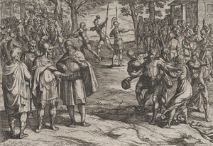 اللوحة 2: أخذ الرومان الرجال الهولنديين القدامى كرهائن وإغراء الصغار ، من الحرب ... ، 1611. بواسطة انطونيو تمبيستا