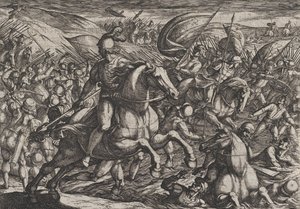 اللوحة 30: سيرياليس يقود الهولنديين إلى نهر الراين ، من حرب الرومان ضد ... ، 1611. بواسطة انطونيو تمبيستا