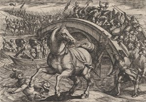 اللوحة 31: أجبر المدنيون على النزول والسباحة عبر النهر ، من حرب الرومان ... ، 1611. بواسطة انطونيو تمبيستا