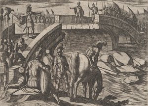 اللوحة 36: سيفيليس وسيرياليس يلتقيان على جسر مكسور للتوصل إلى اتفاق ، من حرب ... ، 1611. بواسطة انطونيو تمبيستا