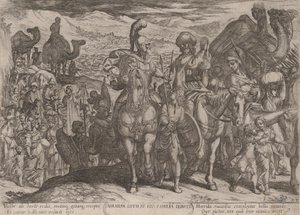 اللوحة 3: إبراهيم يأخذ قرعة وعائلته إلى أرضه ، من كتاب The Battles ...، ca. 1590-كاليفورنيا. 1610. بواسطة انطونيو تمبيستا
