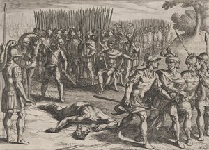 اللوحة 3: القبض على كلوديوس سيفيليس وقطع رأس شقيقه بولس ، من حرب الروه ... ، 1611. بواسطة انطونيو تمبيستا