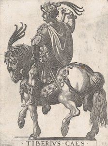 اللوحة 3: الإمبراطور تيبيريوس على ظهور الخيل ، من "أول اثني عشر قيصرًا رومانيًا" ، 1596. بواسطة انطونيو تمبيستا