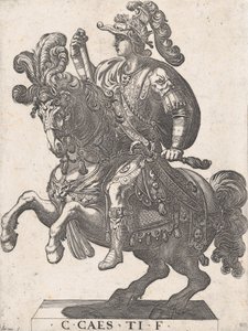 اللوحة 4: الإمبراطور غايوس على ظهور الخيل ، من "أول اثني عشر قيصرًا رومانيًا" ، 1596. بواسطة انطونيو تمبيستا