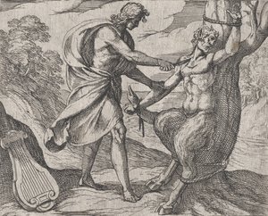 اللوحة 58: أبولو قتل مارسياس هزم من قبل أبولو ، من أوفيد 'ميت ... ، 1606. بواسطة انطونيو تمبيستا