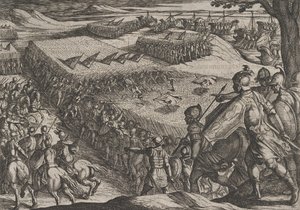اللوحة 6: هزيمة الرومان بالقرب من نهر الراين ، من حرب الرومان ضد الباتفيين ... ، 1611. بواسطة انطونيو تمبيستا