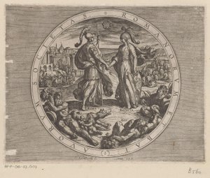 Rome en Batavia schudden elkaar de hand مجتمع الرومان والهولنديين (العنوان على الشيء) De Bataafse oorlogen tegen de Romeinen (عنوان المسلسل) معركة الهولنديين مع الرومان (عنوان المسلسل) بواسطة انطونيو تمبيستا
