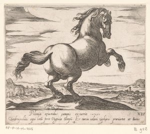 Steigerend paard naar rechts gewend Paarden uit verschiedelden Landen (عنوان المسلسل) مع هؤلاء القادة سوف يتم الاحتفال بك كقائد ذو فم فيرو. بواسطة انطونيو تمبيستا