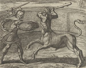 ثيسيوس ومينوتور مينوتوروم ثيسيوس فينسيت ، من Metamorphos ... ، نُشرت بعد 1606.