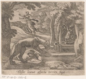 Thisbe vlucht for the leeuwin بواسطة برون هذا الجانب من الإقليم الهارب (العنوان على الكائن) التحول والتحول (عنوان السلسلة) تحولات أوفيد (عنوان المسلسل) بواسطة انطونيو تمبيستا