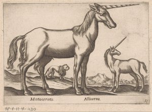 اثنين من حيدات وأسد Monocerons / Allicorno (العنوان على الكائن) الحيوانات والمخلوقات الأسطورية (عنوان السلسلة) نوفا راكولتا دي لي أنيمالي بيو كوريوسي ديل موندو (عنوان المسلسل) بواسطة انطونيو تمبيستا