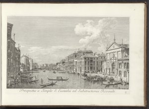 Gezicht op het Canal Grande en de kerk de San Stae te Venetië منظر من معبد القديس أوستاثيوس إلى الهياكل الفرعية لريفوالتي (العنوان على الجسم) أشهر المناظر لمدينة البندقية ، من الألواح الثامنة والثلاثين لقناة أنطونيوس ، التي طبعها أنطونيو فيسينتيني بالنحاس  بواسطة كاناليتو