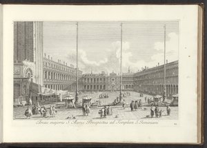 Gezicht op het San Marcoplein te Venetië المنطقة الكبرى من نشرة القديس مرقس لمعبد سانت جيمينياني (العنوان على الكائن) Gezichten op bugemenen en pleinen in Venetië (عنوان السلسلة) مناظر أكثر شهرة لمدينة البندقية ، من قناة أنطونيوس ، 38 لوحًا هوائيًا