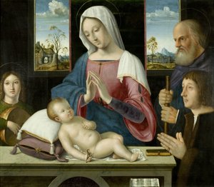 العذراء والطفل مع القديس يوسف والمانح ، اللوحة المركزية في Withypool Triptych بواسطة أنطونيو دا سولاريو