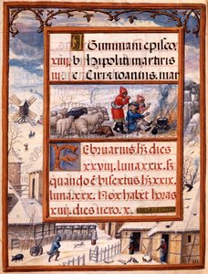 شهر فبراير ، المنمنمات من "كتاب ساعات دوم مانويل" ، 1517-38 (درجة الحرارة على الرق) بواسطة أنطونيو دي هولاندا