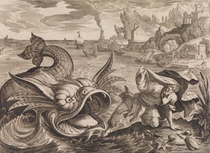 يلقي يونان على الشاطئ بجانب السمكة ، كاليفورنيا. 1585