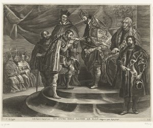 Troonsafsand van Karel V ؛ توخت فان فرديناند تي جنت عام 1635 (الشفرة 25) جرد تشارلز نفسه من المملكة والإمبراطورية / ستكون الآن في المرتبة الثانية بعده / يأخذ فيليب الثاني المملكة من والده (العنوان على الشيء) بواسطة بيتر بول روبنز