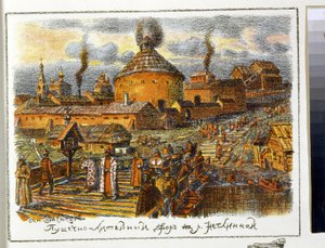 مدفع الغسيل على نهر Neglinnaya (Neglimna ، Neglinna ، Neglinka) ، في القرن السابع عشر. عمل أبوليناري ميخائيلوفيتش فاسنيتسوف (1856-1933) ، الطباعة الحجرية