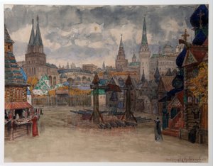 La place des strelets - ديكور لأوبرا "La Khovanchtchina" "لموديست موسورجسكي (1839-1881) - ساحة ستريليتس ، تصميم مسرحي لأوبرا خوفانشينا من تأليف إم موسورجسكي - عمل أبوليناري ميخائيلوفيتش فاسنيتسوف (1856-1933) ) ، ألوان مائية على بابي