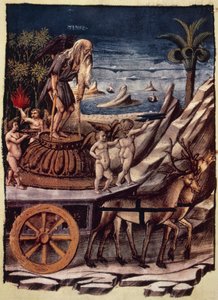 انتصار الزمن ، عربة الزمن التي تجرها الغزلان ، المنمنمة لأبولونيو دي جيوفاني (1415 أو 1417-كاليفورنيا 1465) من انتصار ، قصيدة استعارية بقلم فرانشيسكو بتراركا (1304-1374) ، مخطوطة 1129 ، الصفحة 42 ، ظهر الصفحة ، إيطاليا