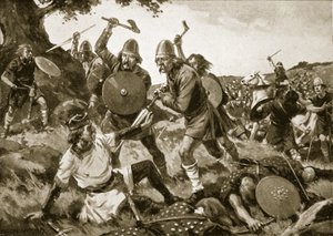 هزيمة وموت الملك أوزوالد ، 642 ، رسم توضيحي من "قصة هتشنسون للأمة البريطانية" ، ج 1920