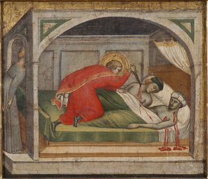 Julien l'hospitalier tue ses الوالدين - القديس جوليان بعد أن قتل والديه ، بقلم سبينيلو ، أريتينو (1350-1410). زيت على خشب. الأبعاد: 34x39 سم. المتحف الوطني ستوكهولم