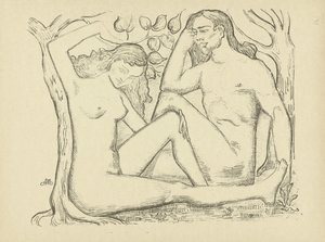 آدم وحواء جالسان بجانب شجرة رجل وامرأة عاريان L
