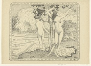 Twee badende vrouwen bij waterkant زومر اثنين من الاستحمام تحت شجرة بالمياه صيف المحاكمة (عنوان المسلسل) بواسطة لوبريف