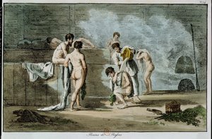 الرجال الروس في ساونا ، من العادات والتقاليد الروسية ، 1821 (ليثو ملون)