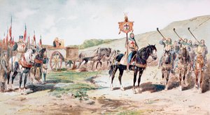 الصليبيون في المسيرة في القرن الحادي عشر مع عربة إمداد تجرها الخيول ، 1886